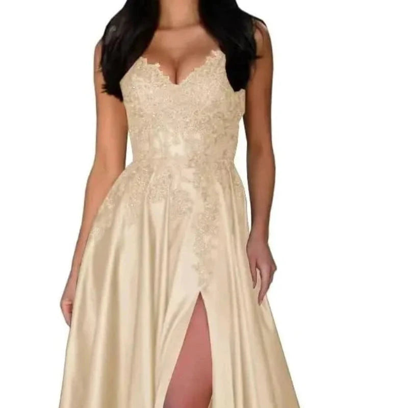 Satin A-line evening dress with lace V-neck and spaghetti straps, front slit, champagne