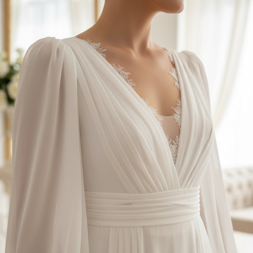 White chiffon wedding dress with V-neck bodice, lace-trim neckline, sheer puff sleeves