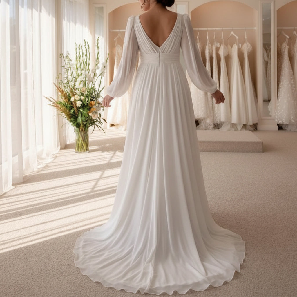 White chiffon V-neck wedding dress with gathered bodice, billowy puff sleeves, long skirt
