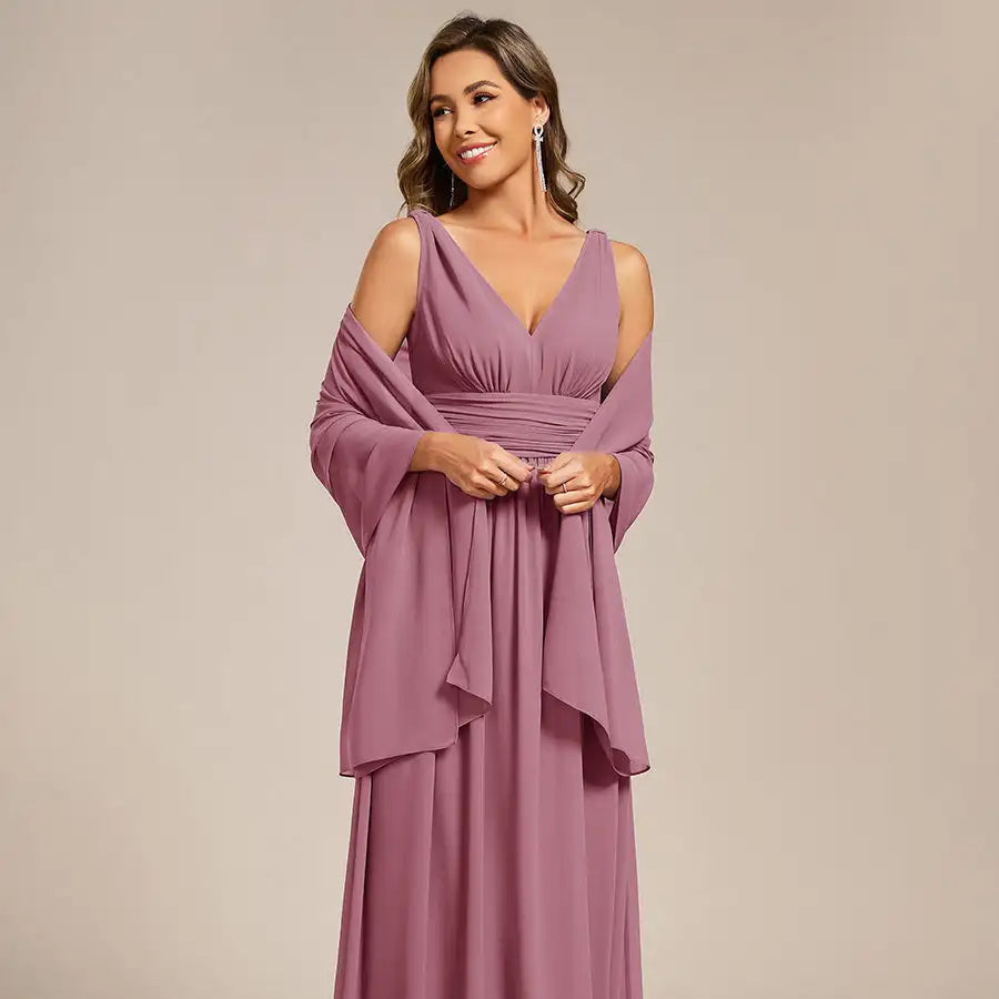 Chiffon shoulder wrap evening shawl in mauve rose, draped open-front design