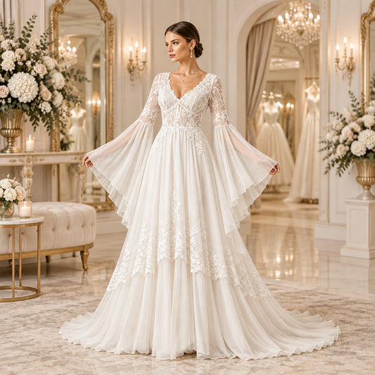 Ivory lace flare-sleeve tulle wedding dress with tiered ruffle skirt