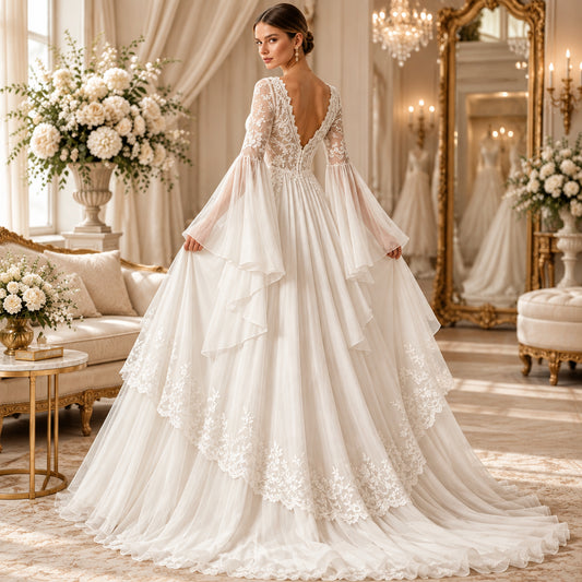Ivory lace bodice tulle wedding dress with long flare sleeves and layered skirt