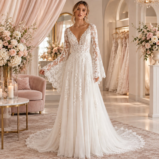 Boho A-line wedding dress with lace appliqué, long sleeves, and train