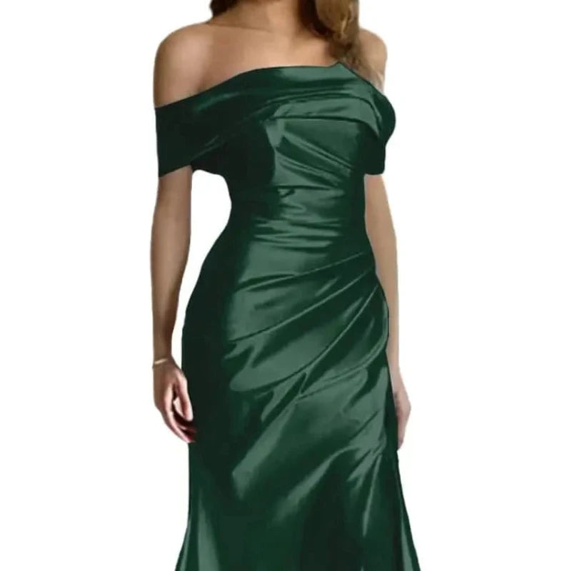 Off-shoulder satin mermaid formal dress in dark green, off-shoulder neckline and mermaid flare