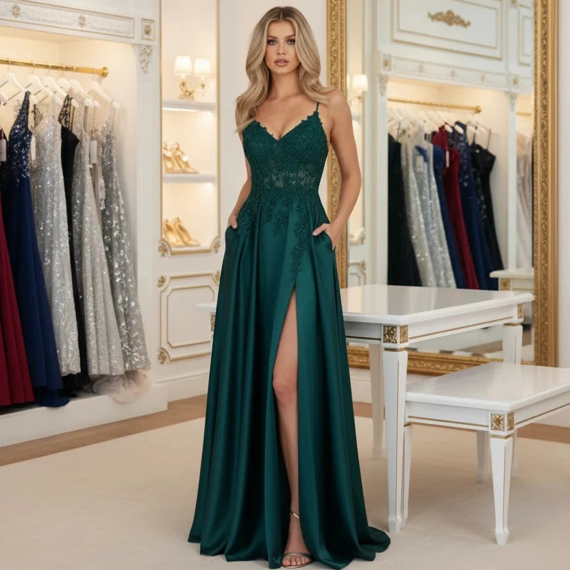 Emerald satin evening dress with lace V-neck, spaghetti straps, A-line skirt, thigh slit