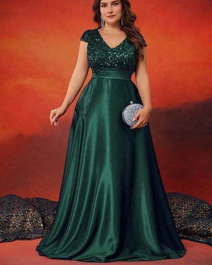 Teal evening dress with V-neck cap sleeves, sequined bodice and satin A-line skirt