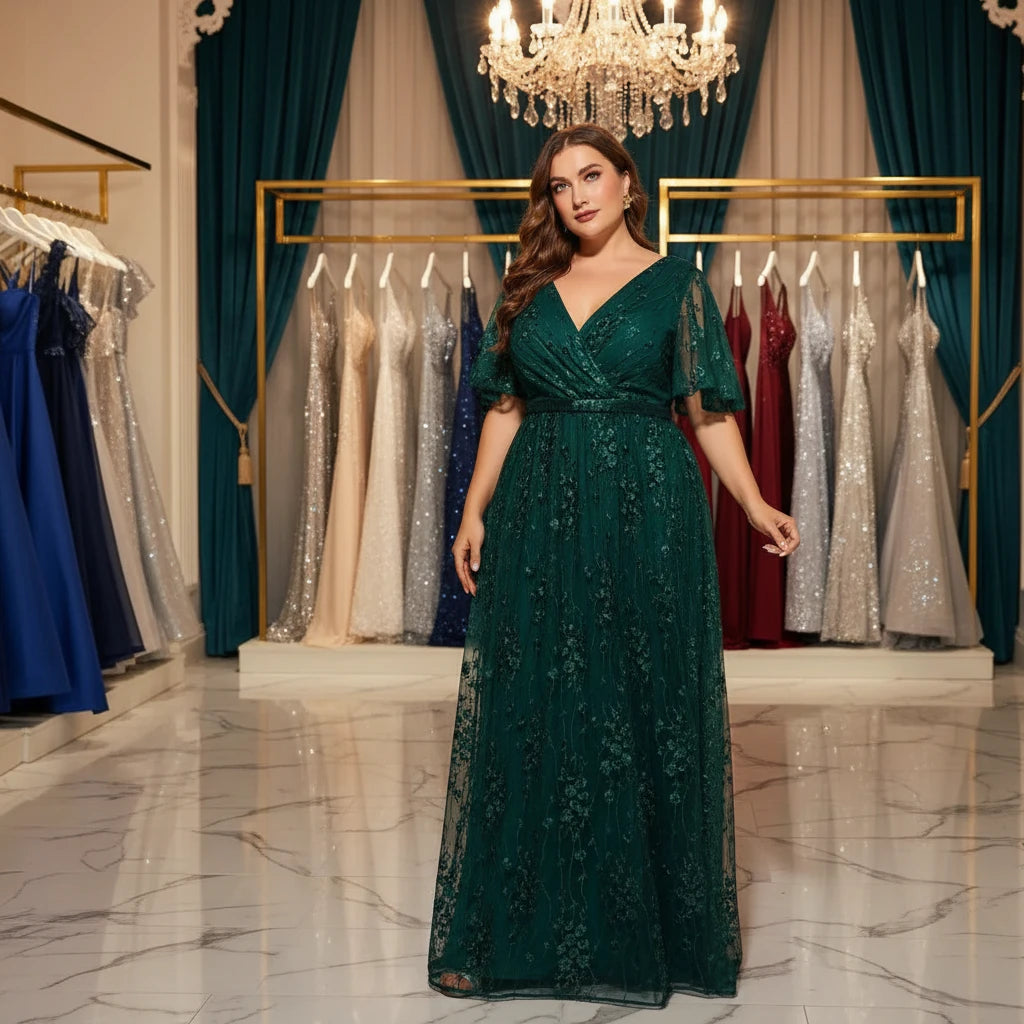 Dark green lace maxi evening dress with V-neck wrap bodice and fluttery short sleeves