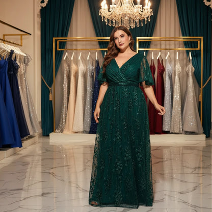 Dark green lace maxi evening dress with V-neck wrap bodice and fluttery short sleeves
