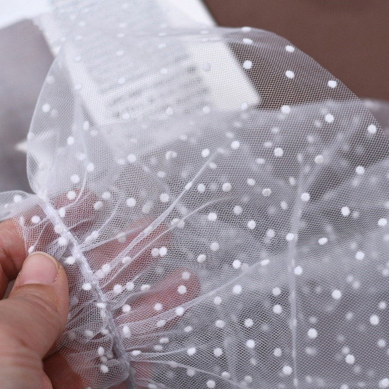 Close-up of sheer white polka-dot sleeve fabric with delicate ruffled trim