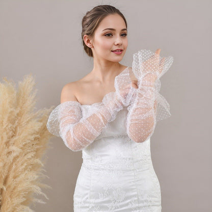 Detachable polka-dot long sleeves with layered ruffled cuffs, white dots on sheer mesh