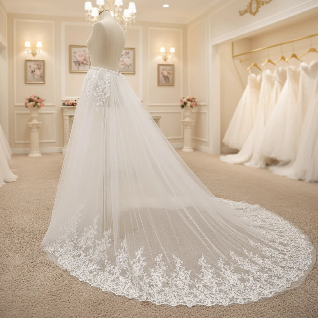 Ivory detachable train for wedding dress, lace edge and layered tulle drape