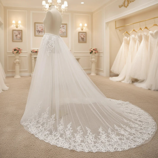 Ivory detachable train for wedding dress, lace edge and layered tulle drape