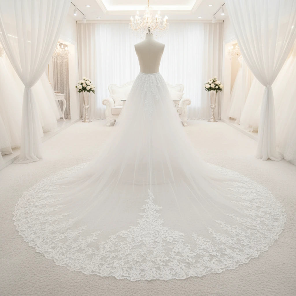Ivory detachable train for wedding dress, full back lace border over tulle
