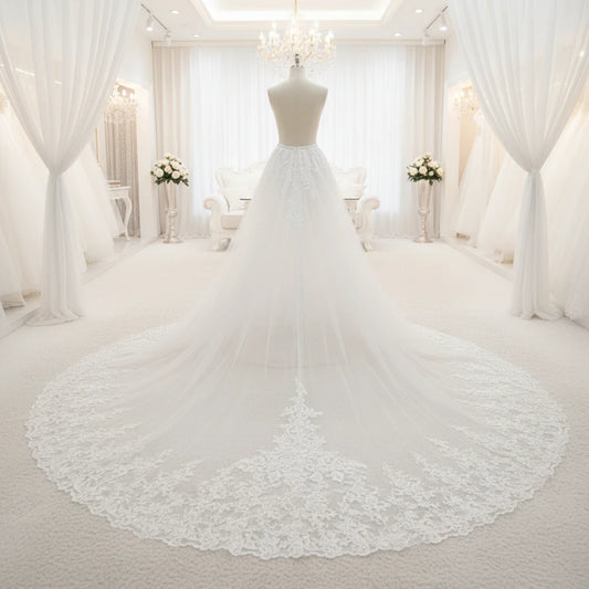 Ivory detachable train for wedding dress, full back lace border over tulle