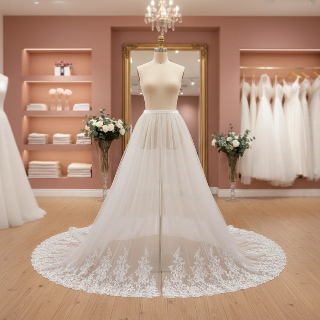 Ivory detachable train for wedding dress, lace hem and sheer tulle skirt panel