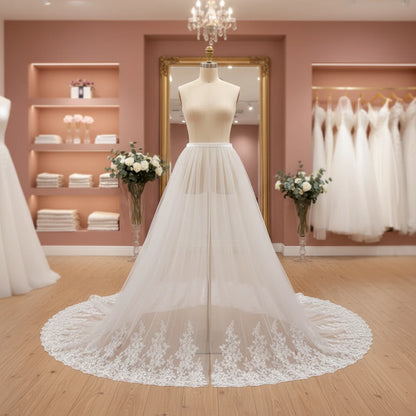 Ivory detachable train for wedding dress, lace hem and sheer tulle skirt panel