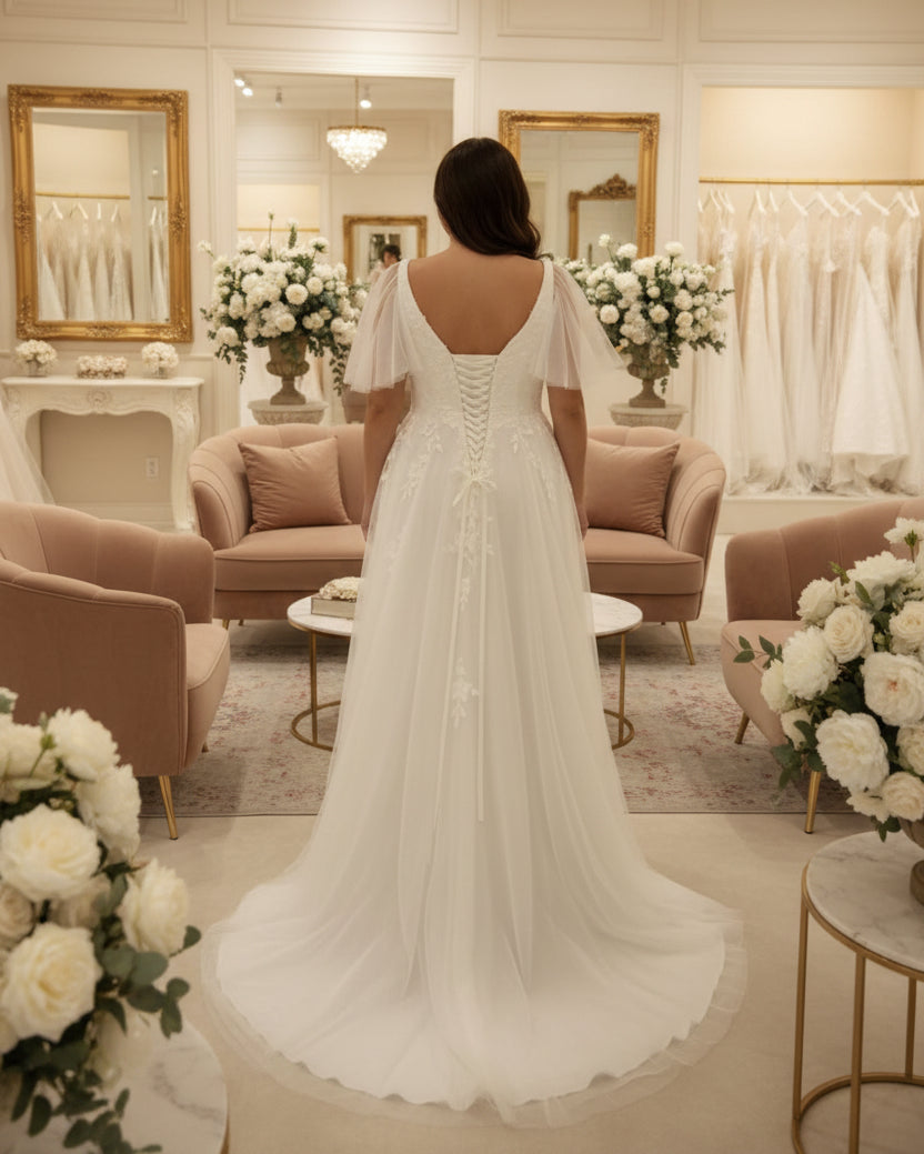 Ivory A-line bridal gown with V-back detail, sequined bodice, and tulle sleeves
