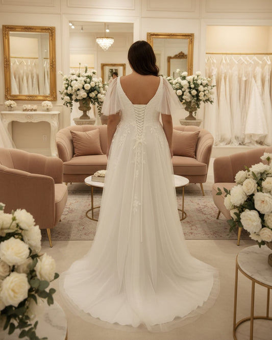 Ivory A-line bridal gown with V-back detail, sequined bodice, and tulle sleeves