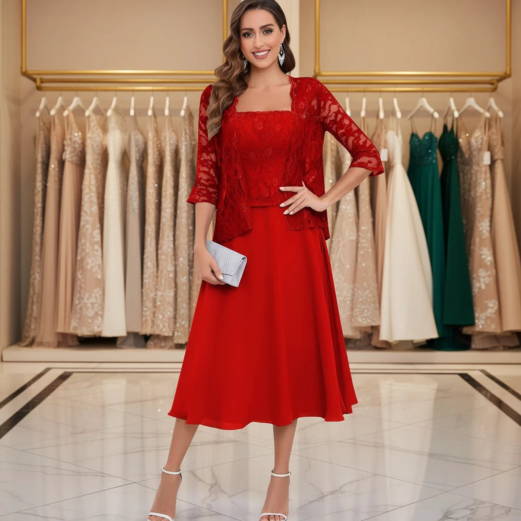 Red two-piece chiffon A-line dress with square neckline and lace sleeves