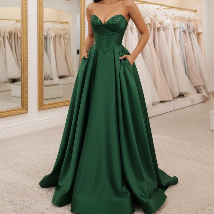 Emerald green strapless A-line satin dress with sequin bust and thigh-high slit