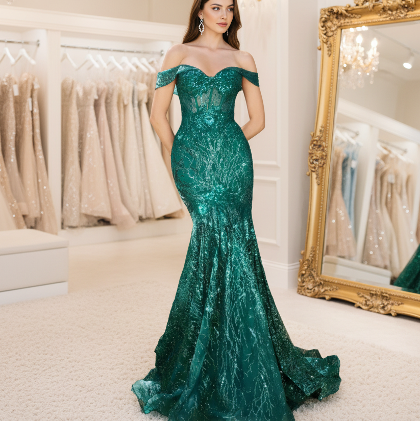 Emerald green off-shoulder sequin mermaid gown with ruffled off-shoulder
