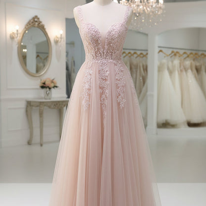 Pink lace tulle A-line formal dress with illusion neckline and embroidered skirt