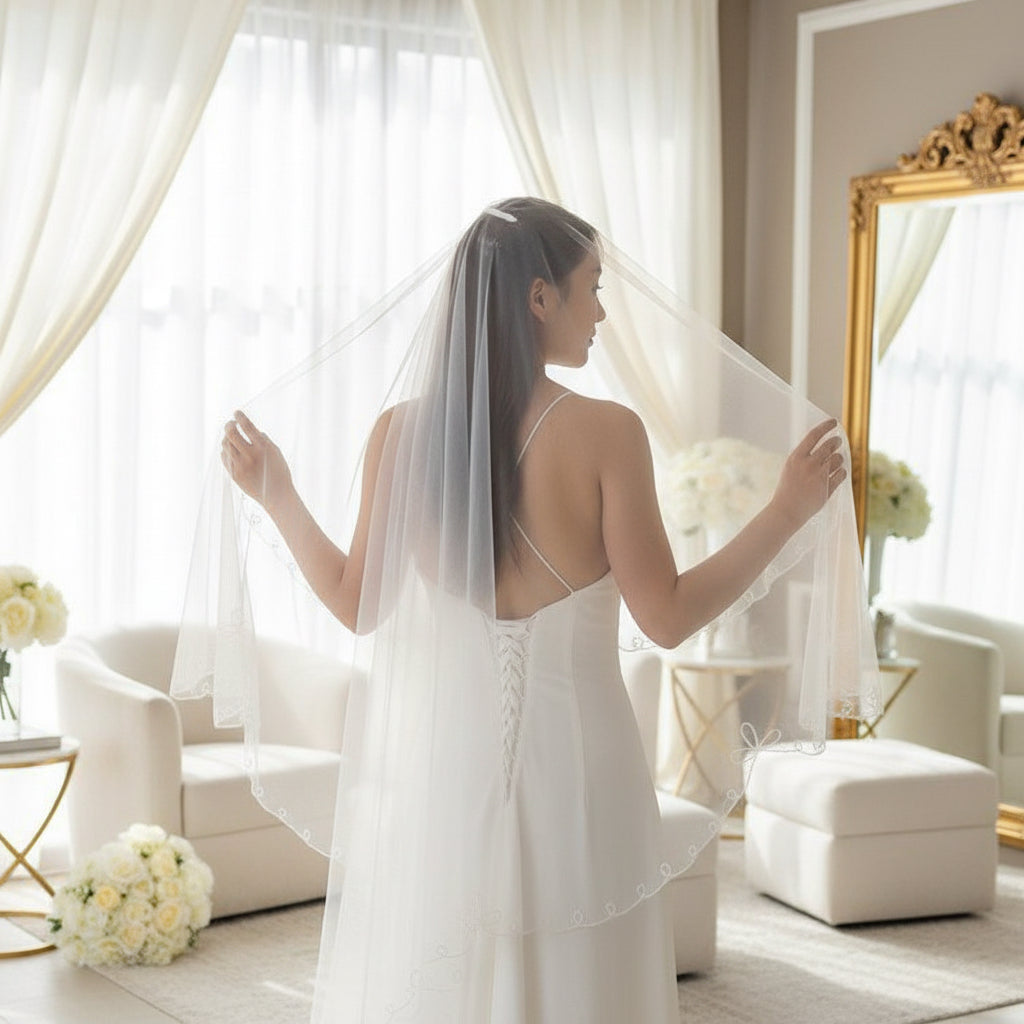 Two-tier blusher veil back view with sheer tulle panels and floral appliqué edging