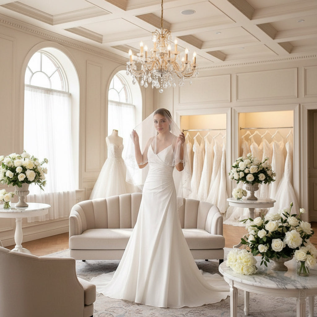 Blusher veil with two-tier sheer tulle and floral embroidery, draped over shoulders