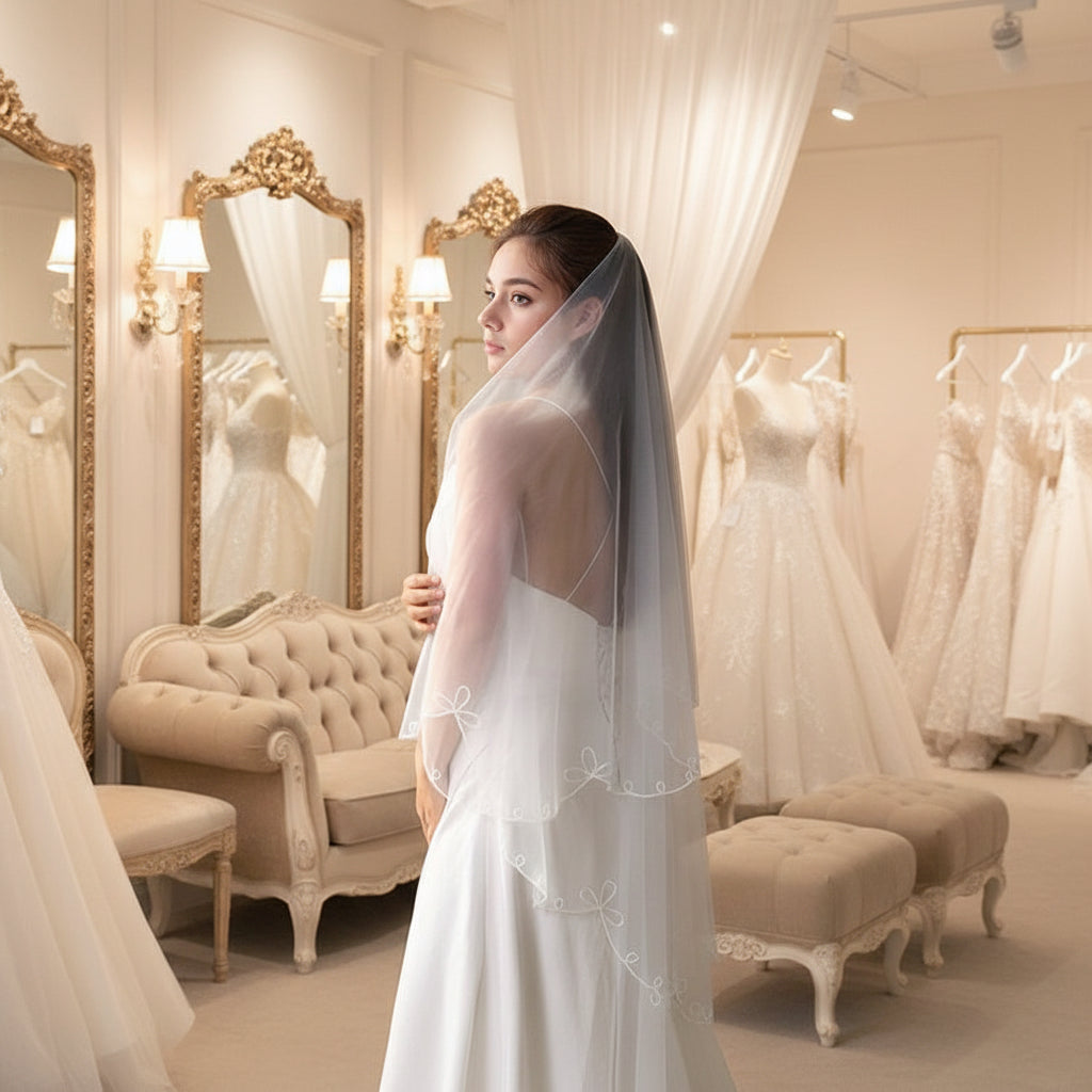 Two-tier blusher veil, sheer white tulle with floral embroidery and scalloped edges