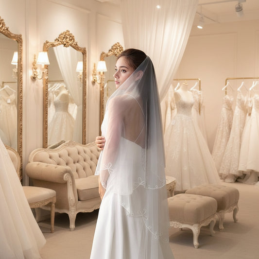 Two-tier blusher veil, sheer white tulle with floral embroidery and scalloped edges