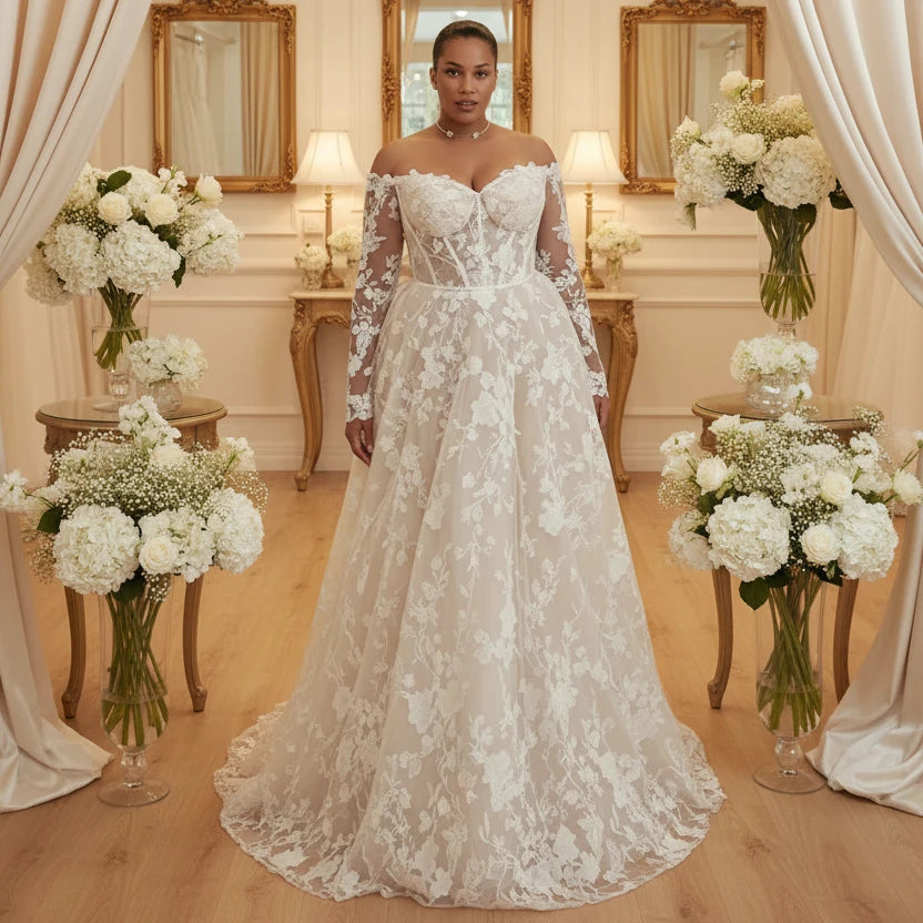 Off-shoulder lace wedding dress with sheer long sleeves, floral appliques, full skirt