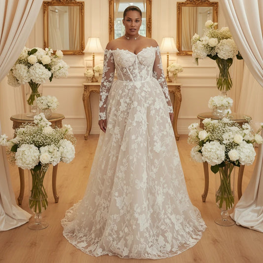 Off-shoulder lace wedding dress with sheer long sleeves, floral appliques, full skirt