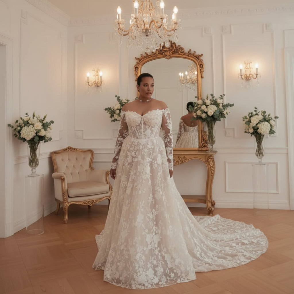 Off-shoulder lace wedding dress with sheer long sleeves and floral appliques, side skirt