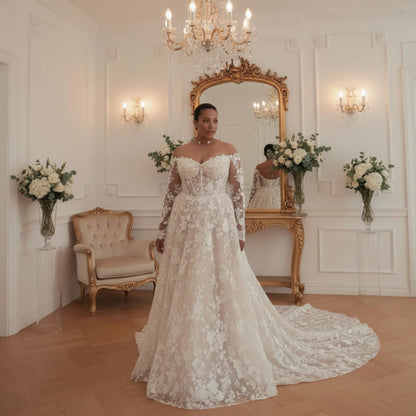 Off-shoulder lace wedding dress with sheer long sleeves and floral appliques, side skirt