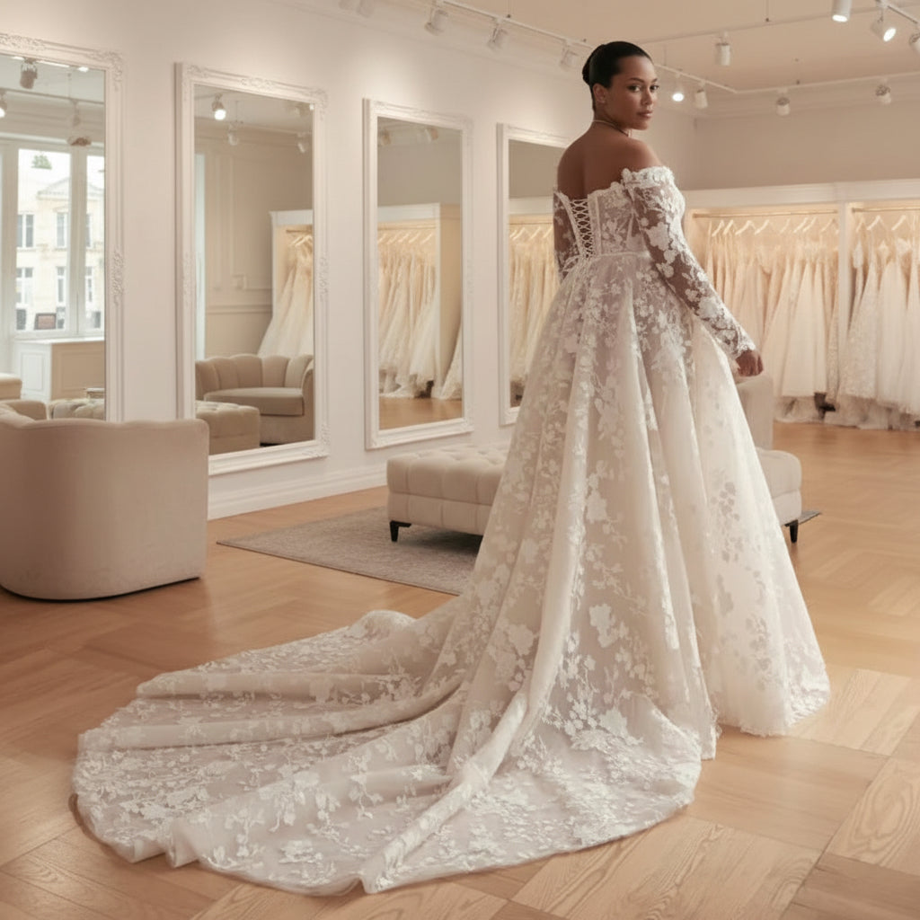Off-shoulder lace wedding dress with floral lace back and long train, sheer sleeves