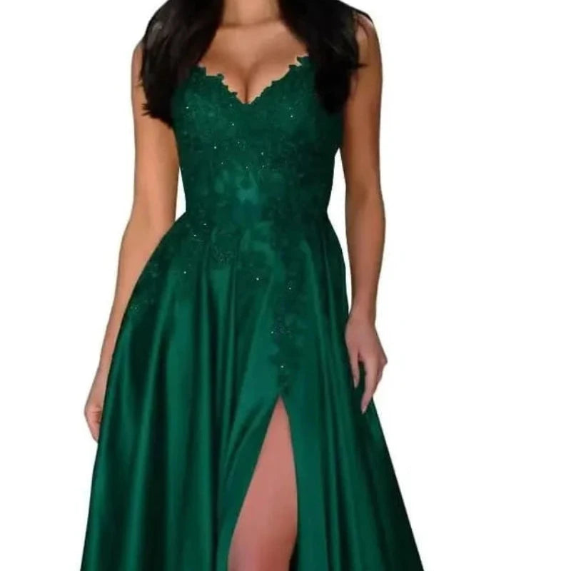 Green satin evening dress with lace V-neck, spaghetti straps, A-line skirt, front slit