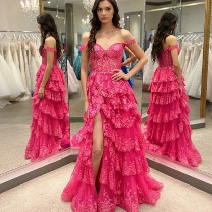 Pink sweetheart neckline sparkly lace tiered formal gown with off-shoulder sleeves