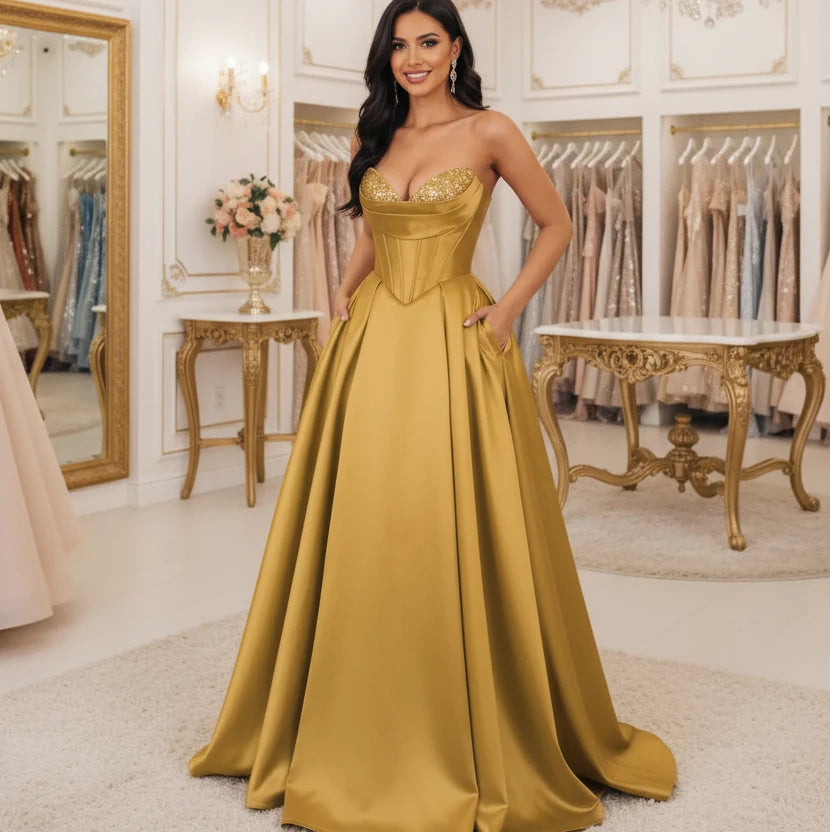 Strapless A-line satin dress with sequin bust and front slit, gold.