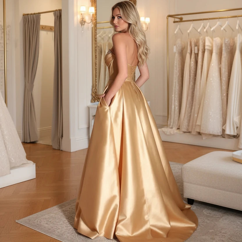 Strapless A-line satin dress with front slit, champagne-gold satin.