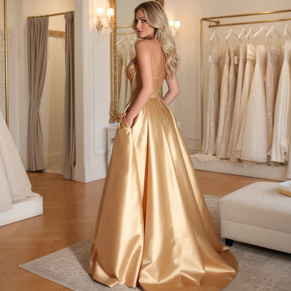Strapless A-line satin dress with front slit, champagne-gold satin.