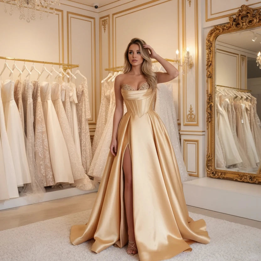 Strapless A-line satin dress with sequin bust and front slit, gold satin.