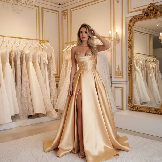 Strapless A-line satin dress with sequin bust and front slit, gold satin.