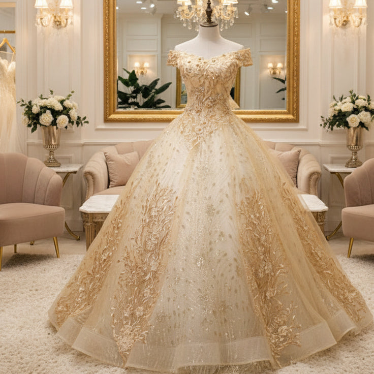 Gold glitter appliqué gala evening dress on a mannequin, off-shoulder bodice and full skirt