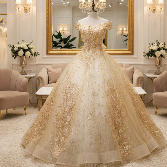 Gold glitter appliqué gala evening dress on a mannequin, off-shoulder bodice and full skirt