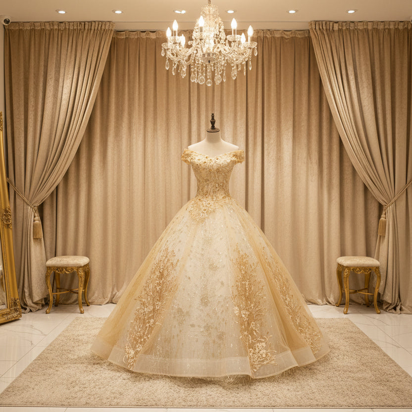Gold glitter appliqué gala evening dress, wide skirt with gold embroidered motifs on mannequin