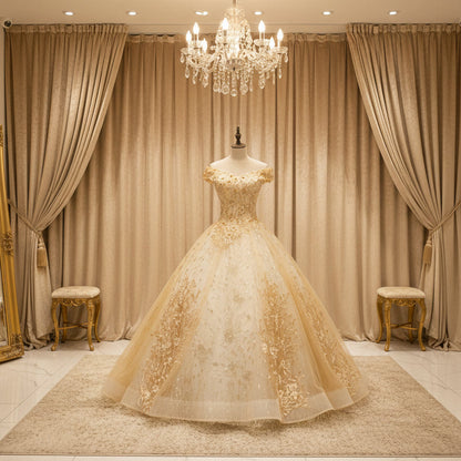 Gold glitter appliqué gala evening dress, wide skirt with gold embroidered motifs on mannequin
