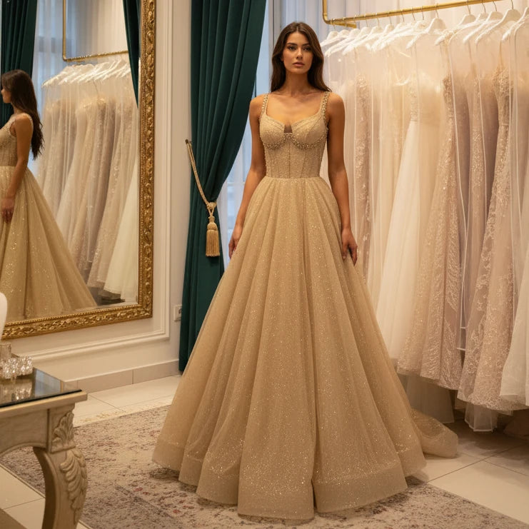 Gold glitter tulle A-line formal dress with wide straps and flowing floor-length skirt