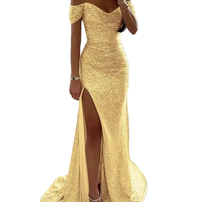 Gold off-shoulder sequin mermaid formal dress with thigh-high front slit
