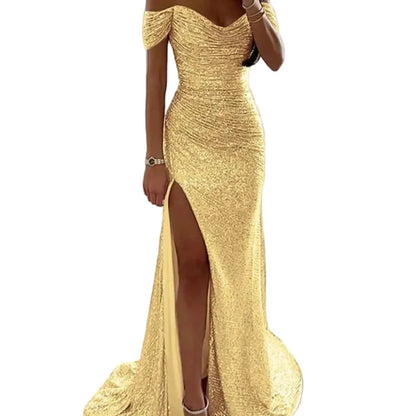 Gold off-shoulder sequin mermaid formal dress with thigh-high front slit