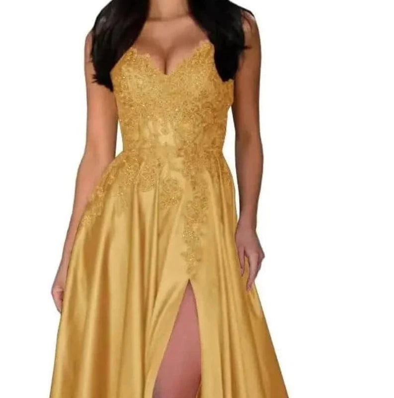 Satin A-line evening dress with lace V-neck and spaghetti straps, front slit, gold